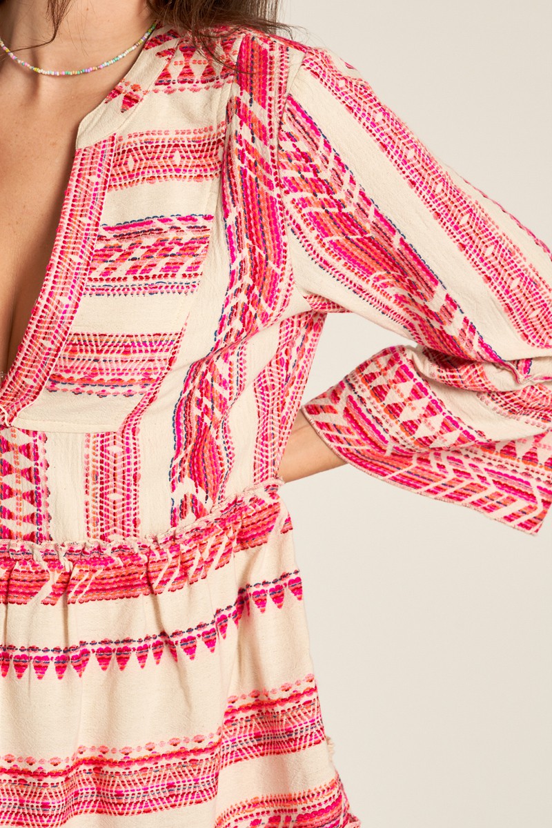 Elseo Pink Me V-Neck Embroidered Mini Dress